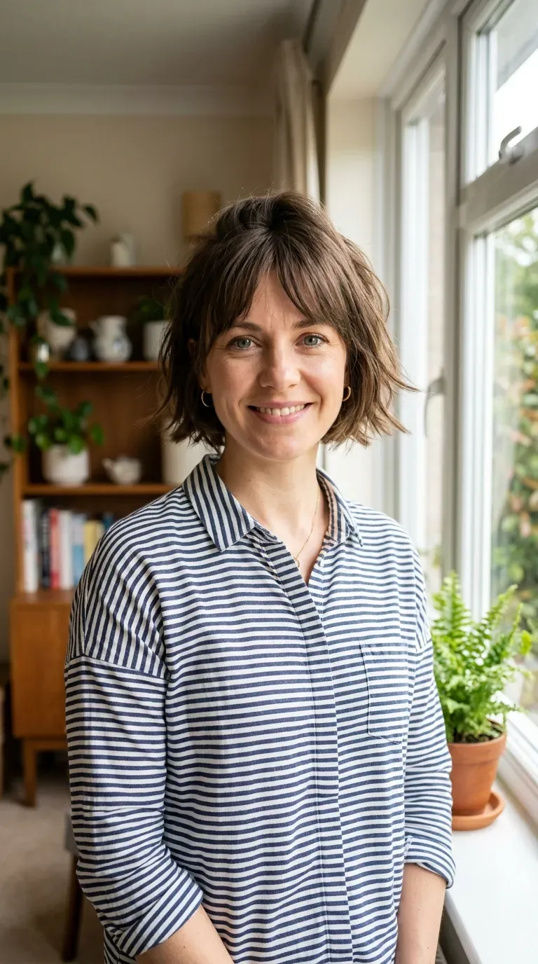 Woman with a choppy bob showing visible lift and volume at the roots with soft bangs