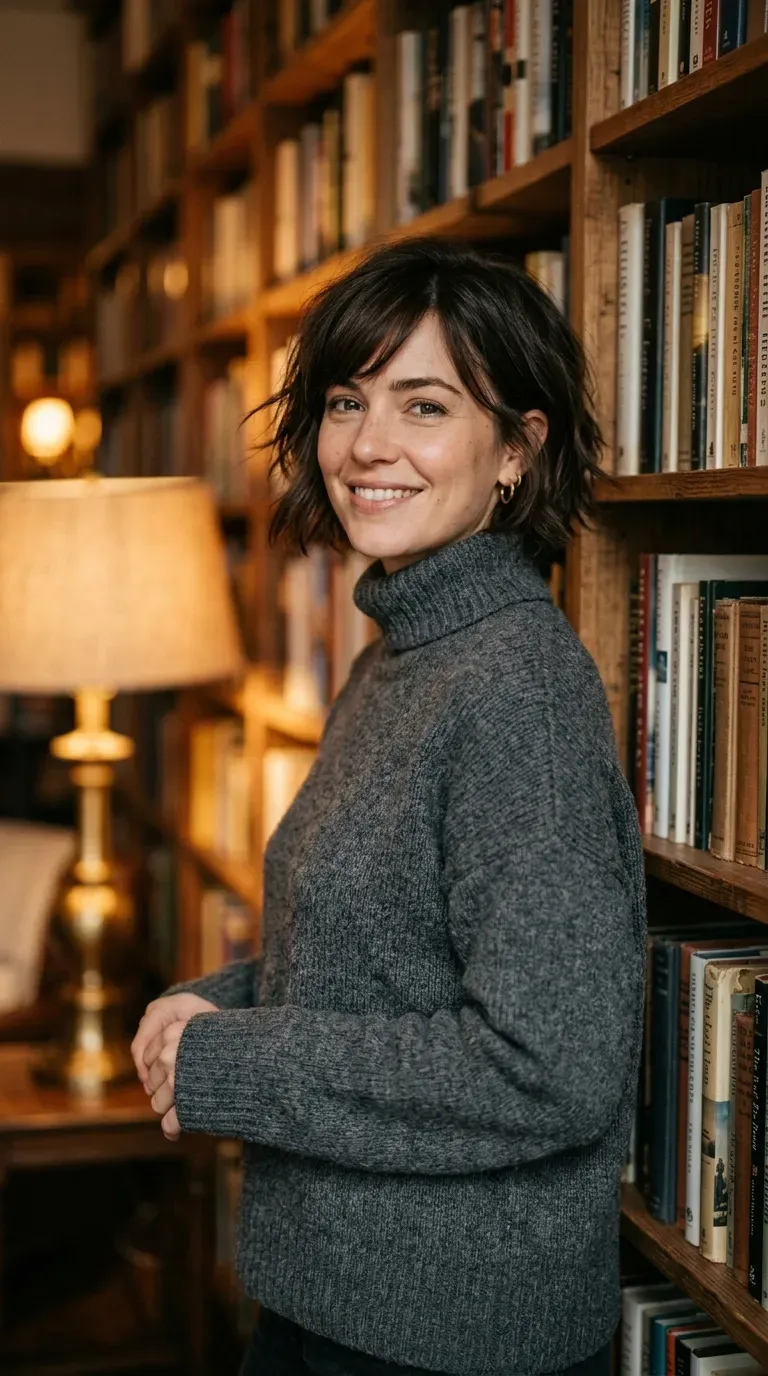 Woman with a choppy bob and soft side-swept bangs framing the forehead