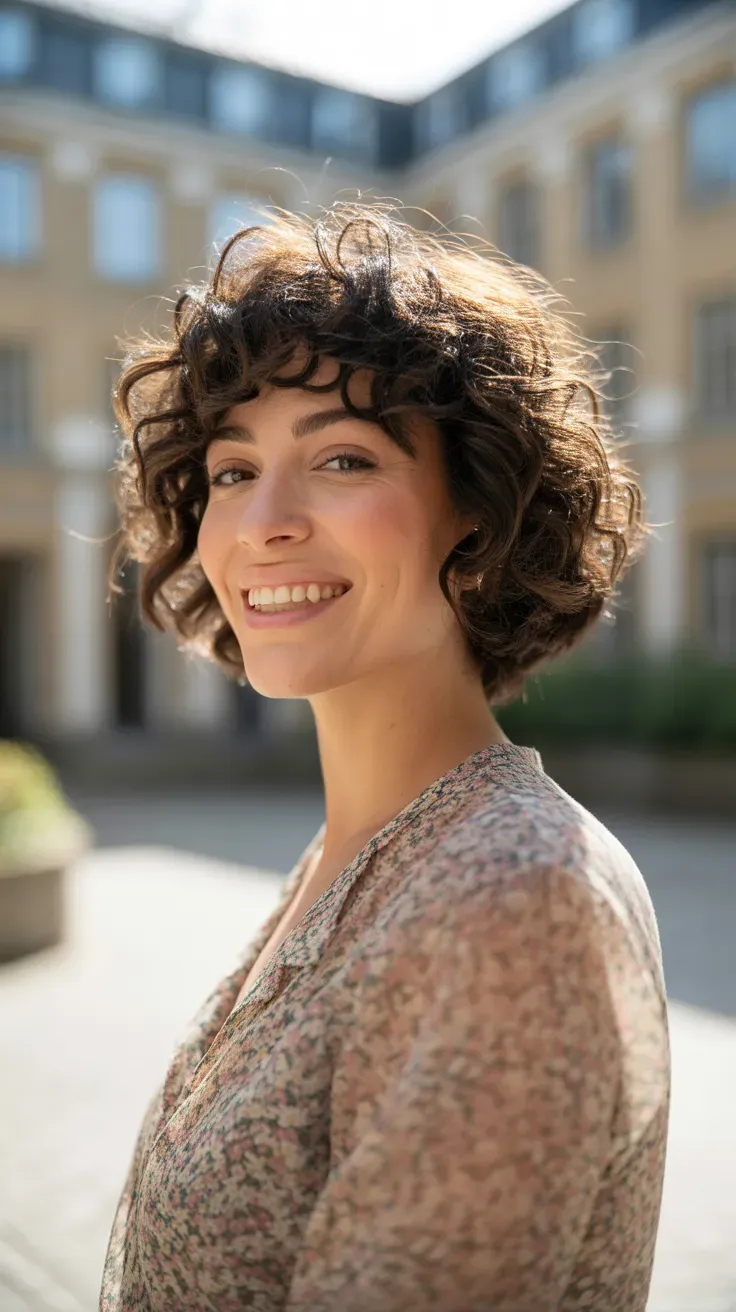Woman with a choppy bob styled with soft defined curls throughout