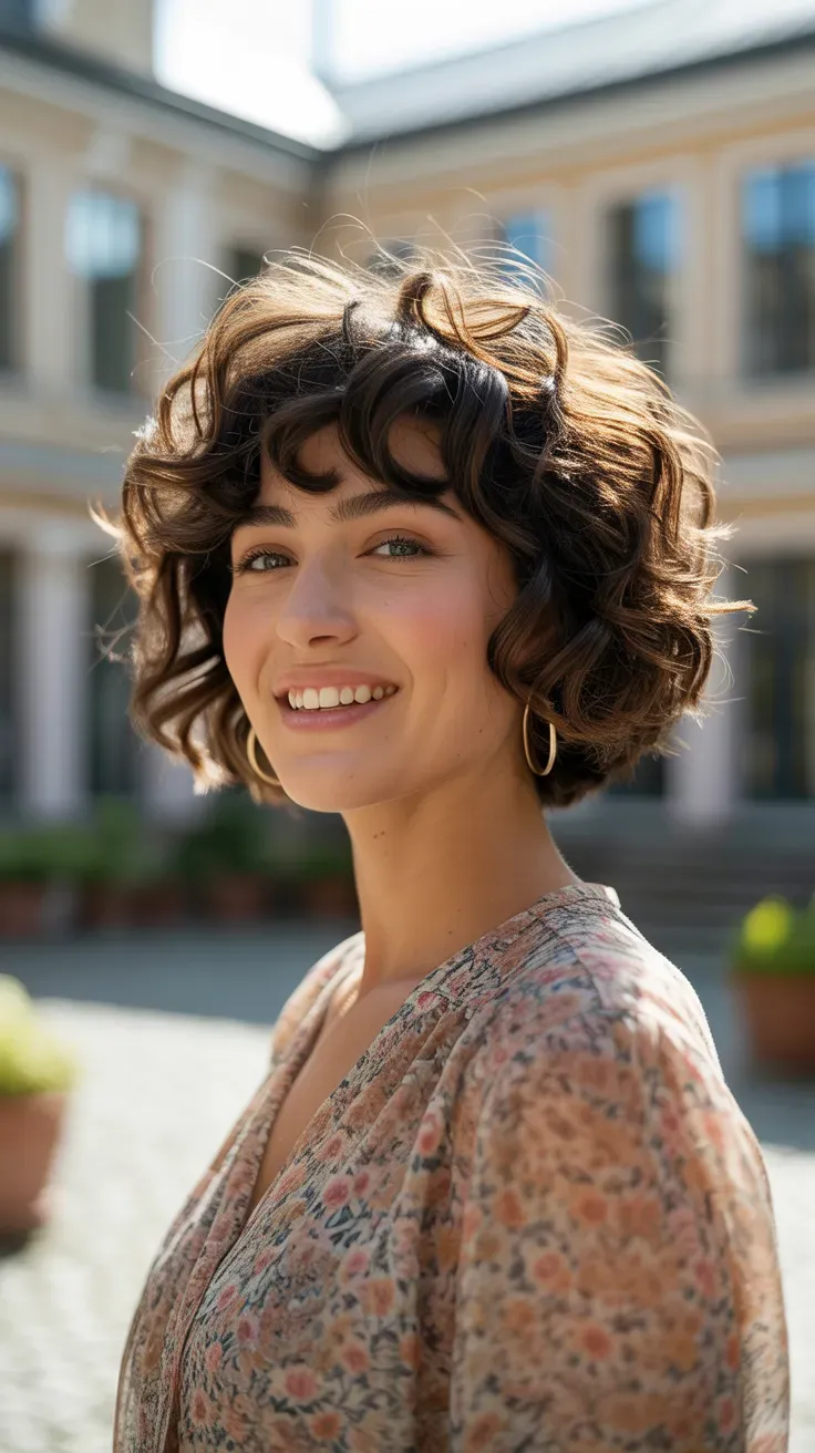 Woman with a choppy bob styled with soft defined curls throughout