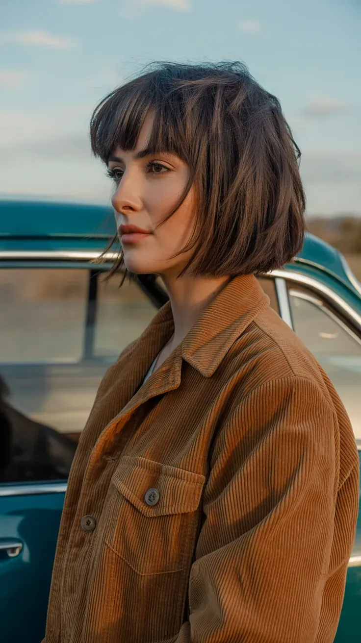 Woman with a choppy bob featuring heavily textured layers concentrated at the crown