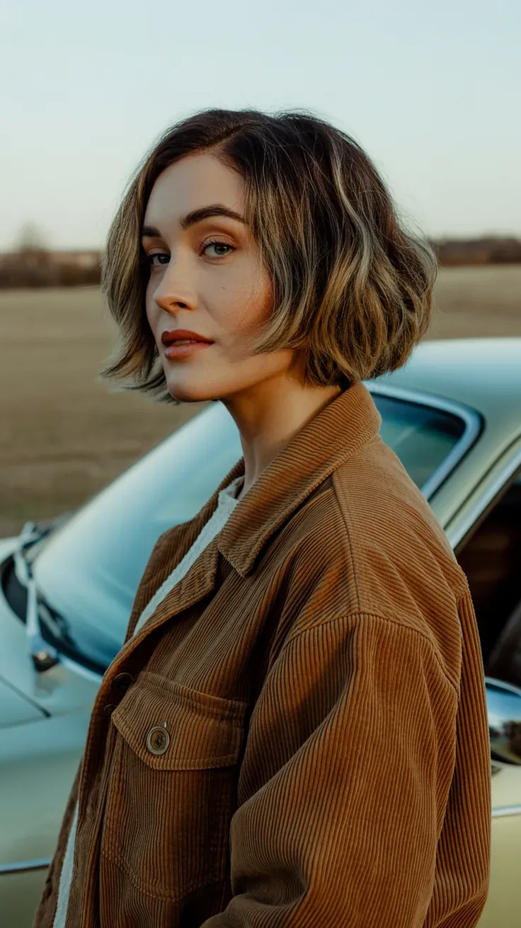 Woman with a choppy bob featuring heavily textured layers concentrated at the crown