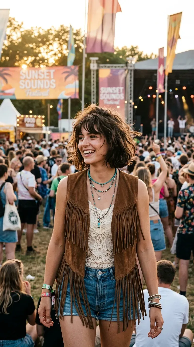 Woman with a choppy bob styled with loose tousled bangs and texture throughout