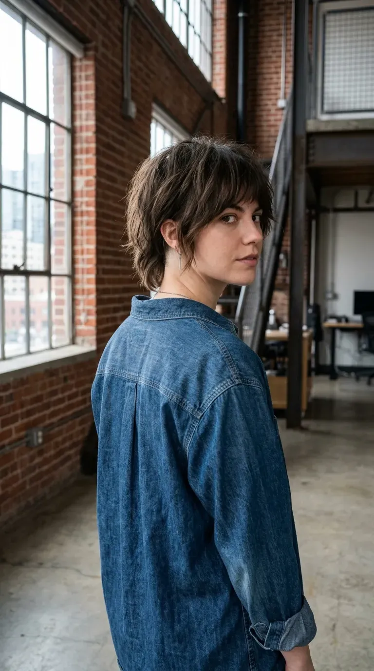 Woman with a choppy bob featuring a subtle undercut at the nape and soft bangs