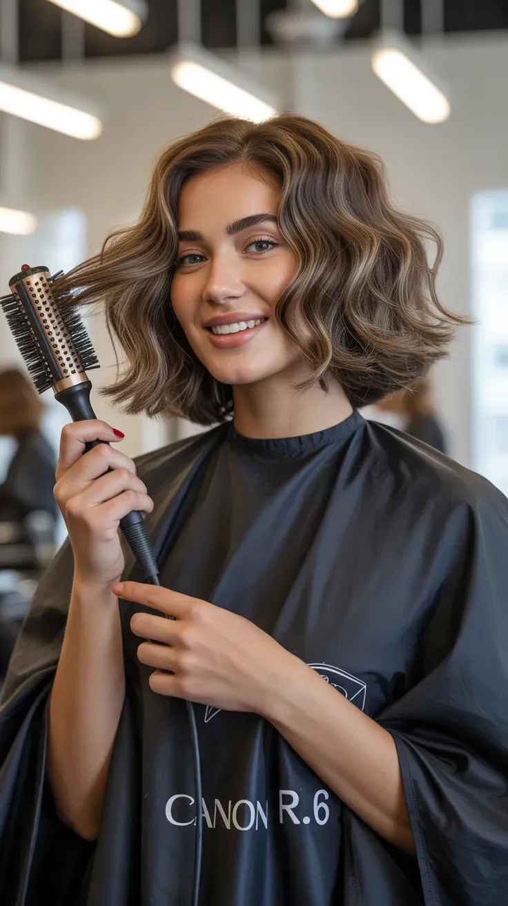 Woman with a choppy bob styled into a full voluminous blowout