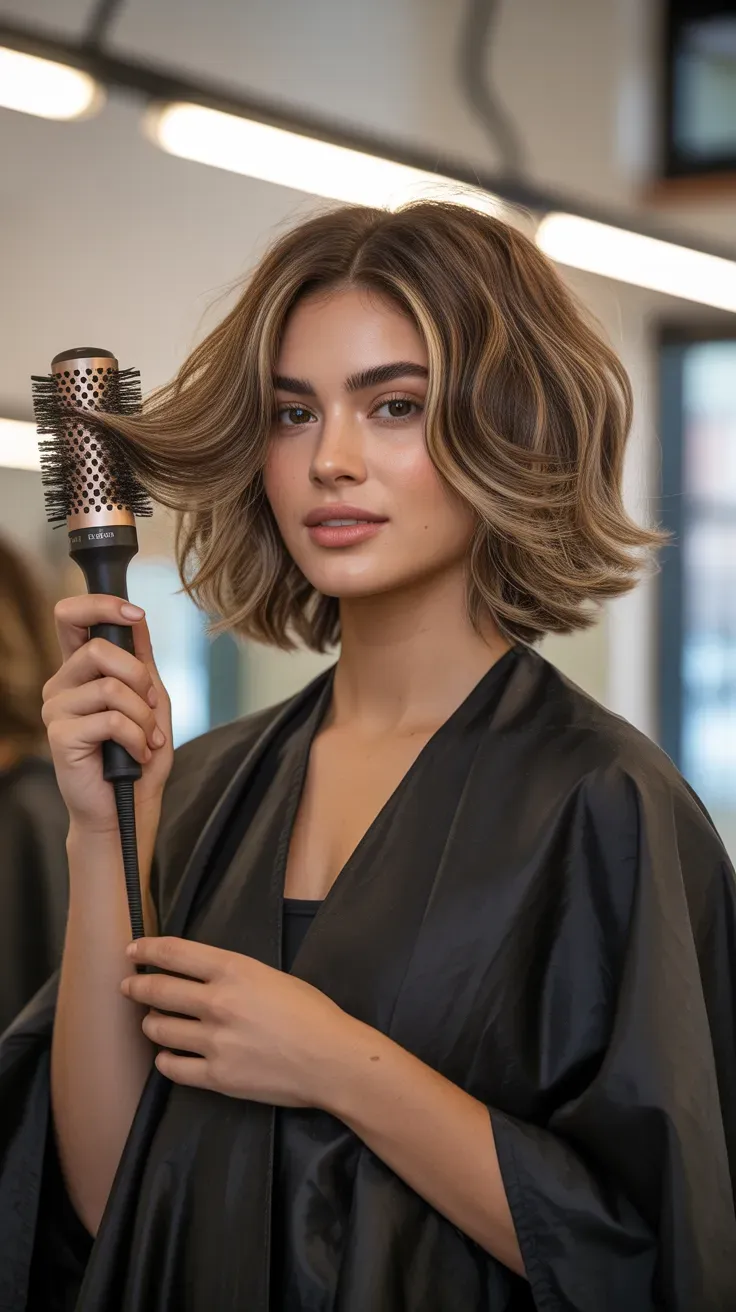 Woman with a choppy bob styled into a full voluminous blowout