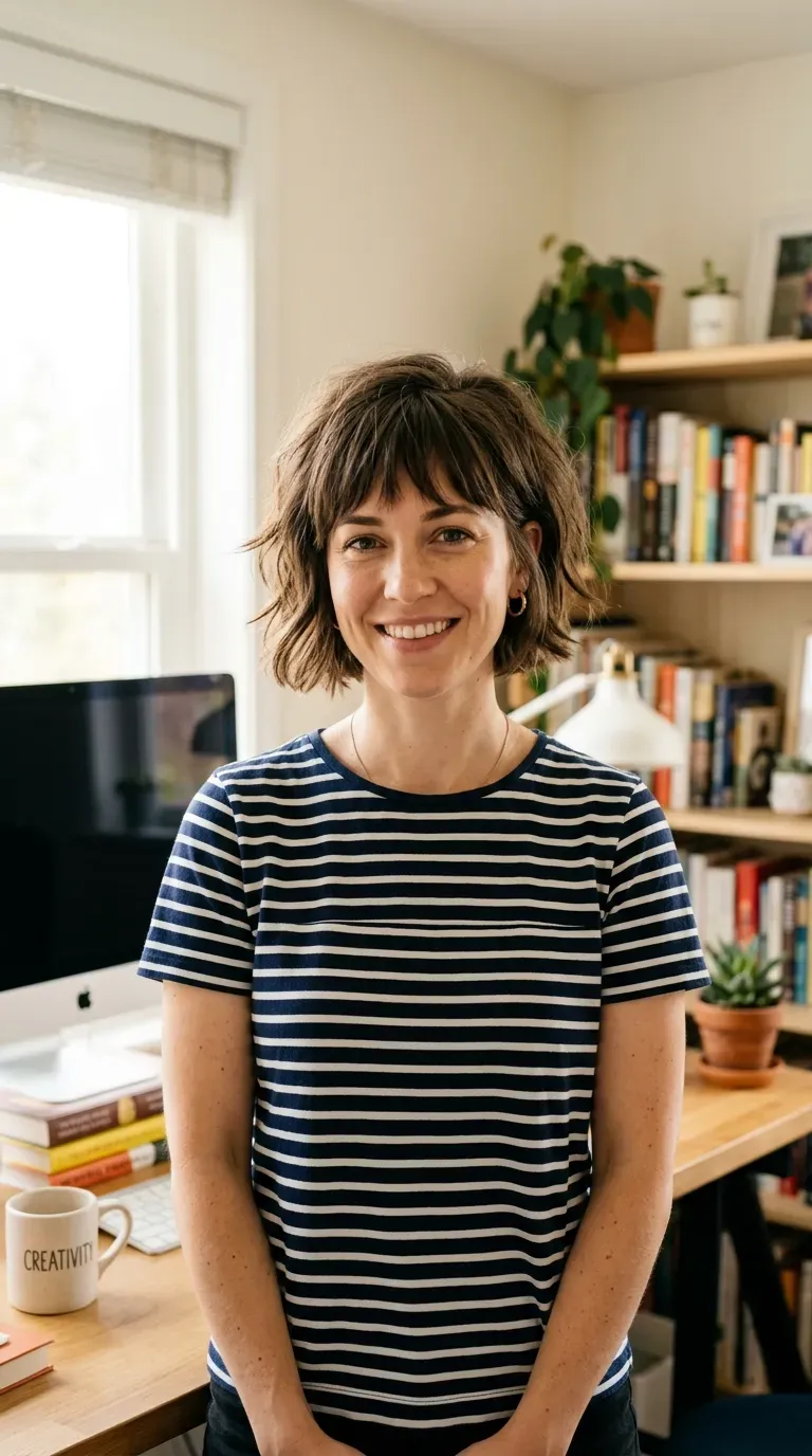 Woman with a choppy bob and bangs styled with a light volumizing spray at the roots