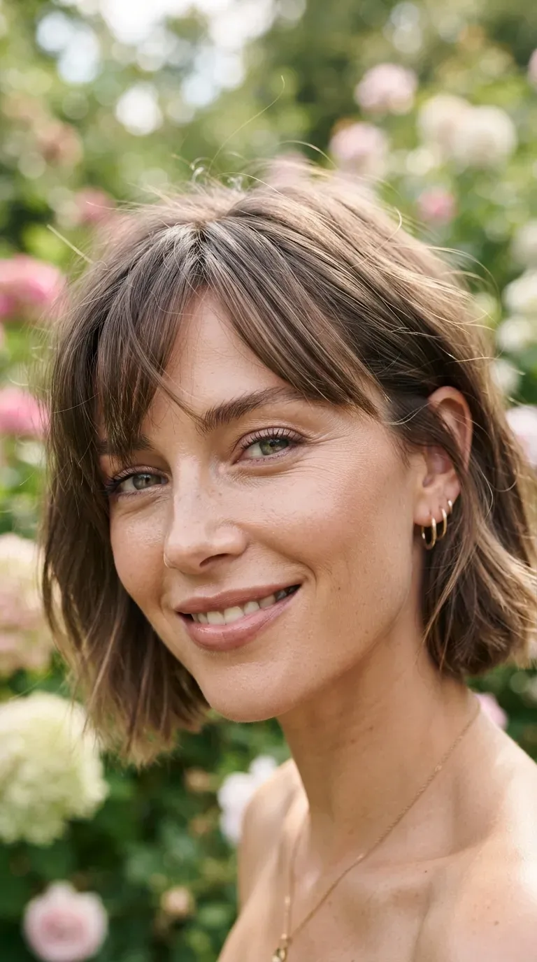 Close-up of woman with a choppy bob and wispy bangs softly framing her forehead