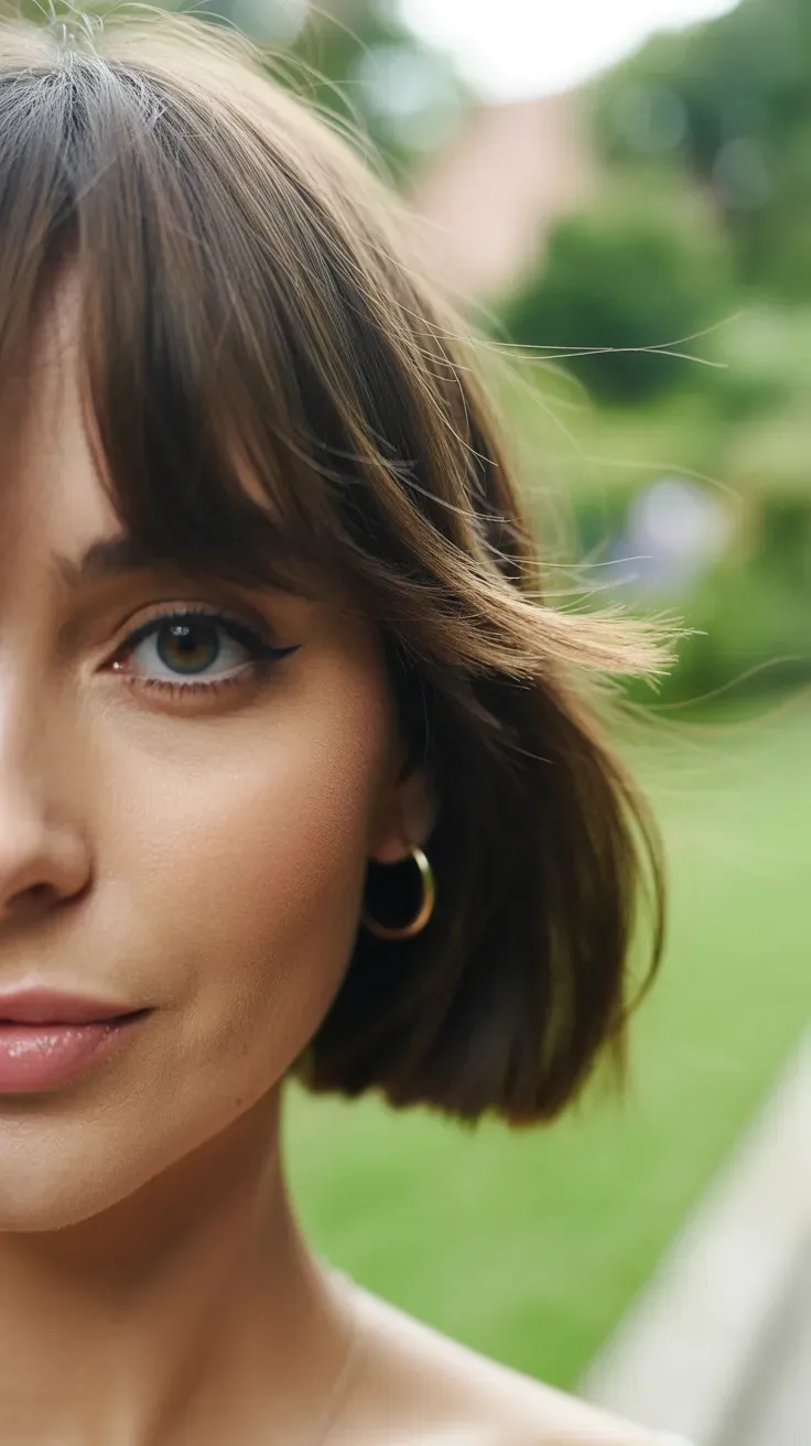 Close-up of woman with a choppy bob and wispy bangs softly framing her forehead
