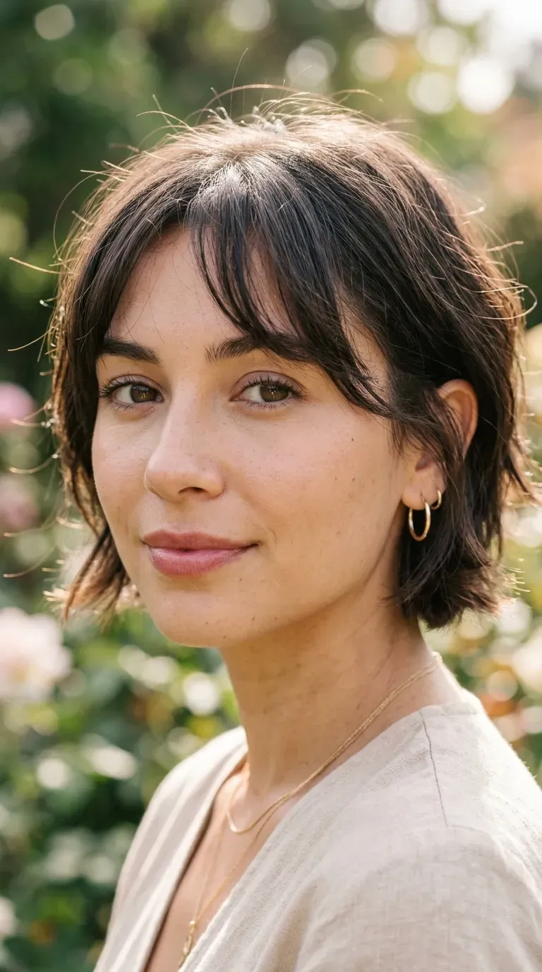 Close-up of woman with a choppy bob and wispy bangs softly framing her forehead