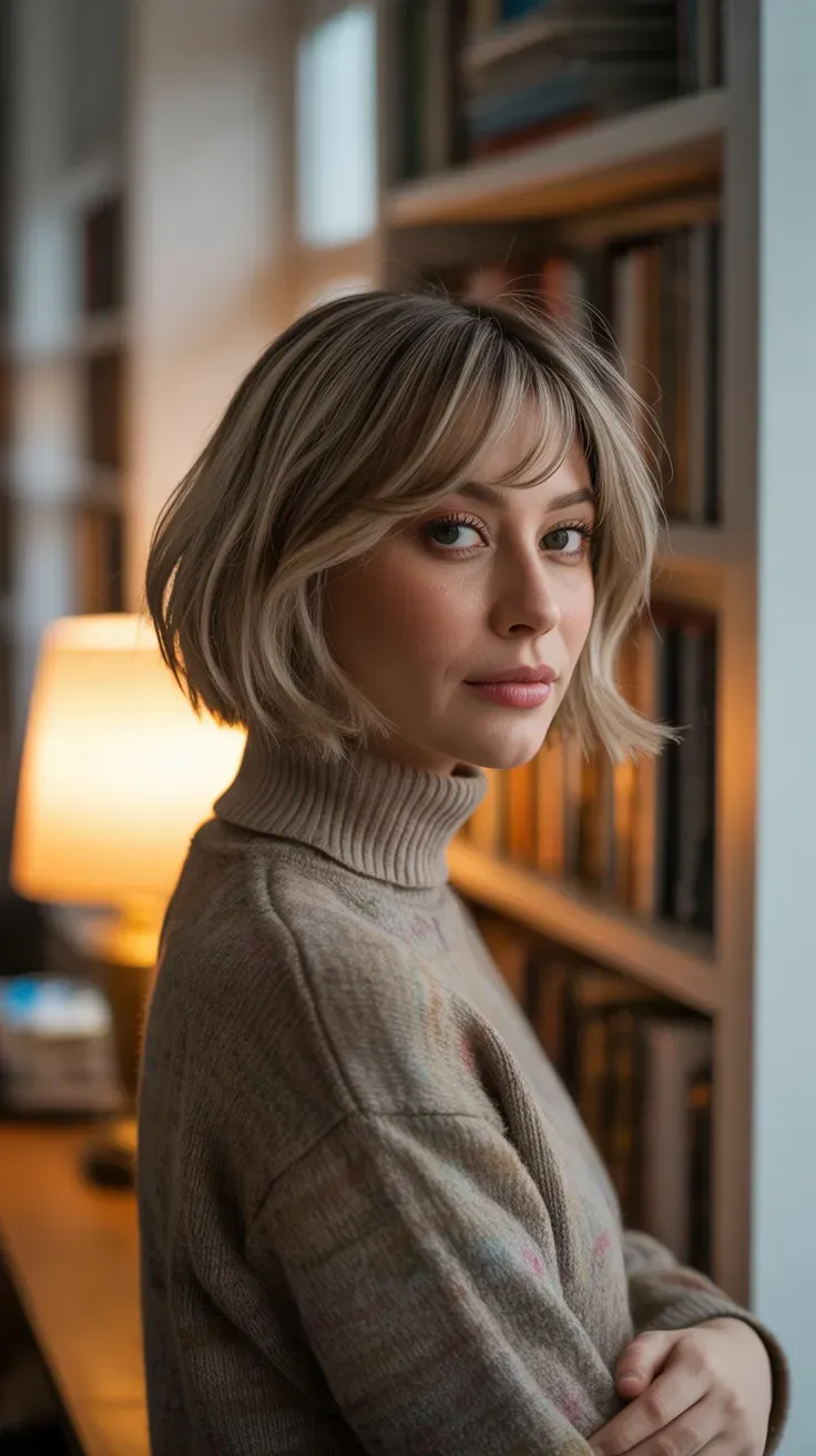 Woman with a choppy bob and soft wispy side-swept bangs