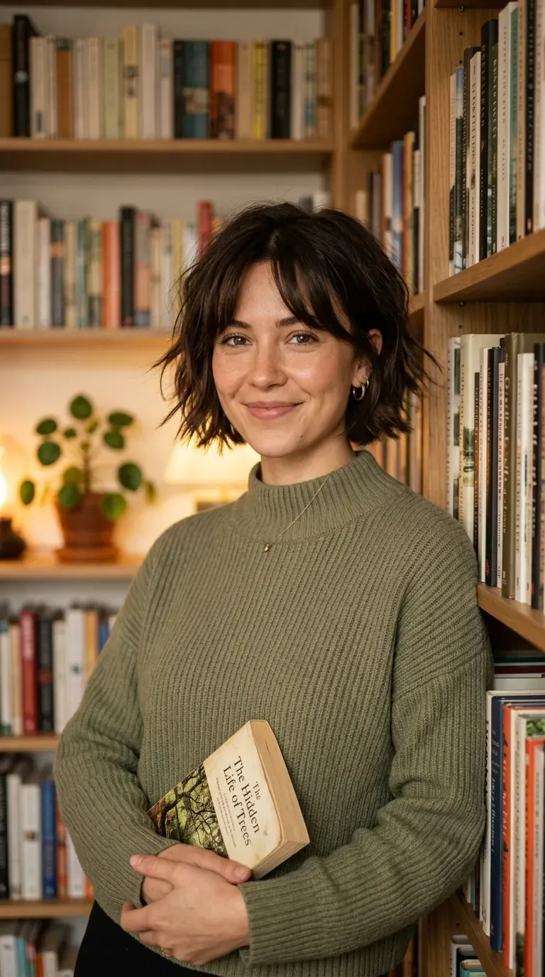 Woman with a choppy bob and soft curtain bangs parted at the center
