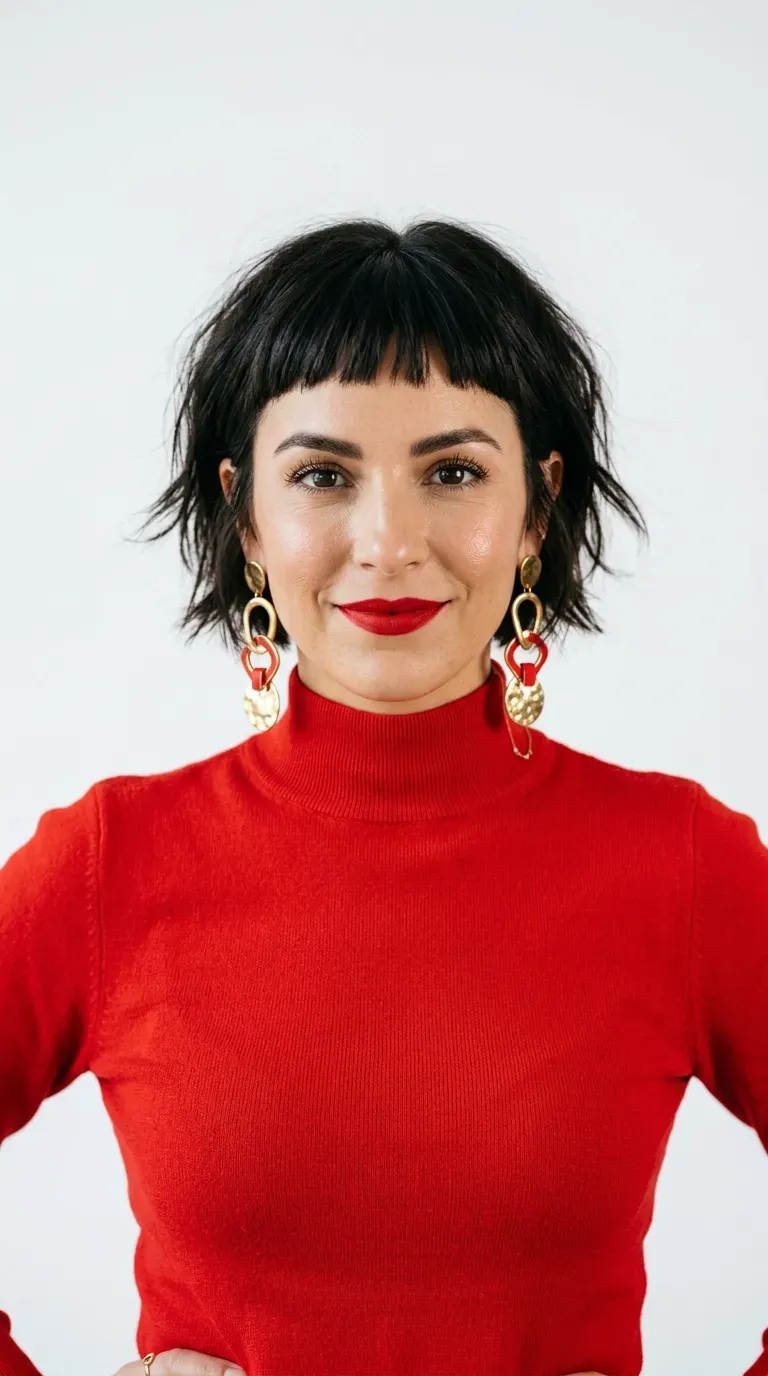 Woman with a choppy bob and short micro bangs above the eyebrows