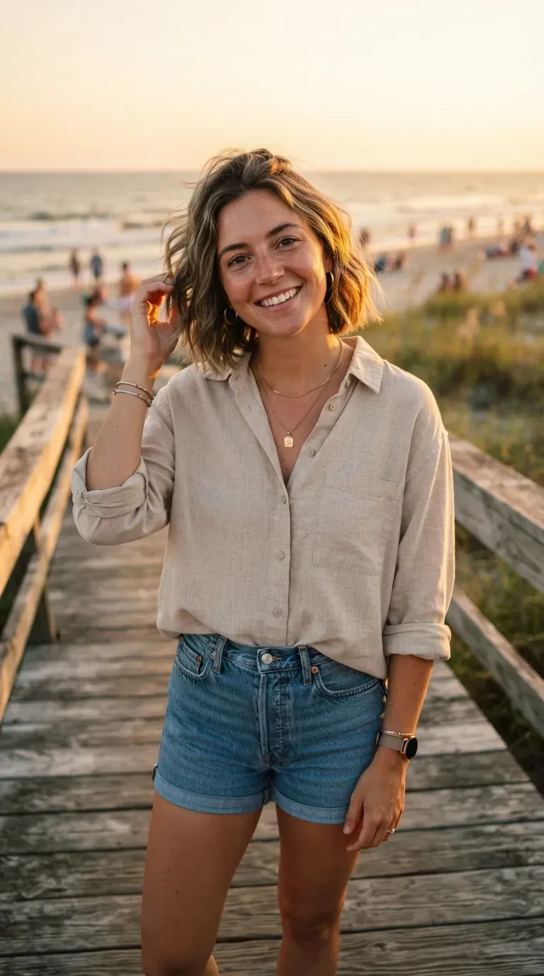 Woman with a choppy crop styled with soft beachy waves