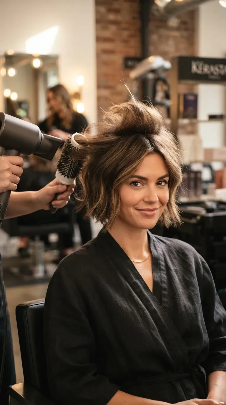 Woman with a choppy crop styled with strong root lift at the crown