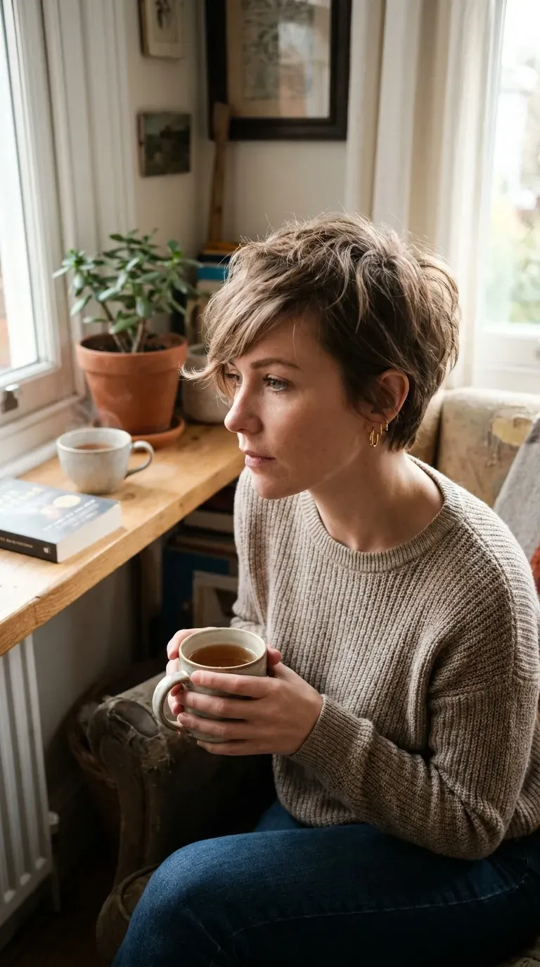Woman with a short choppy crop and swept side fringe