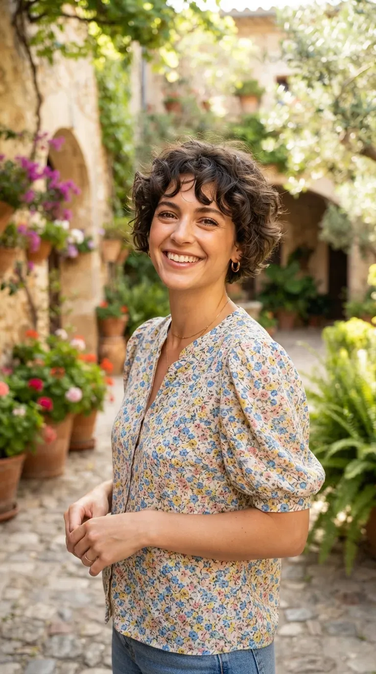 Woman with a choppy crop styled with soft defined curls throughout