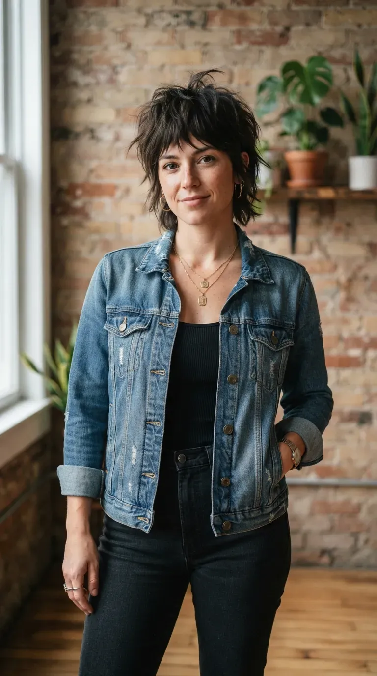 Woman with a choppy crop featuring textured layers throughout