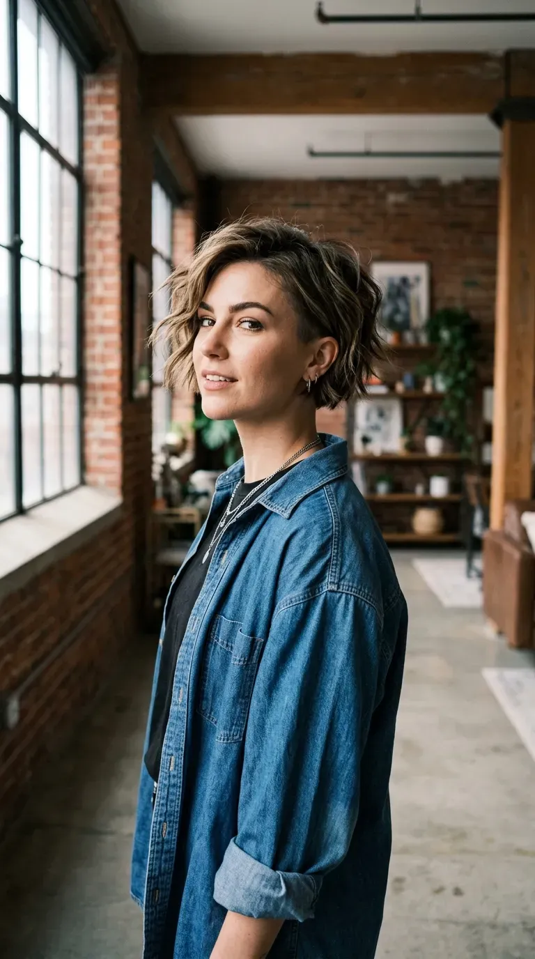 Woman with a choppy layered bob featuring subtly asymmetric length between the two sides