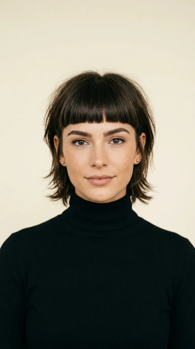 Woman with a choppy layered bob paired with a bold blunt eyebrow-skimming fringe