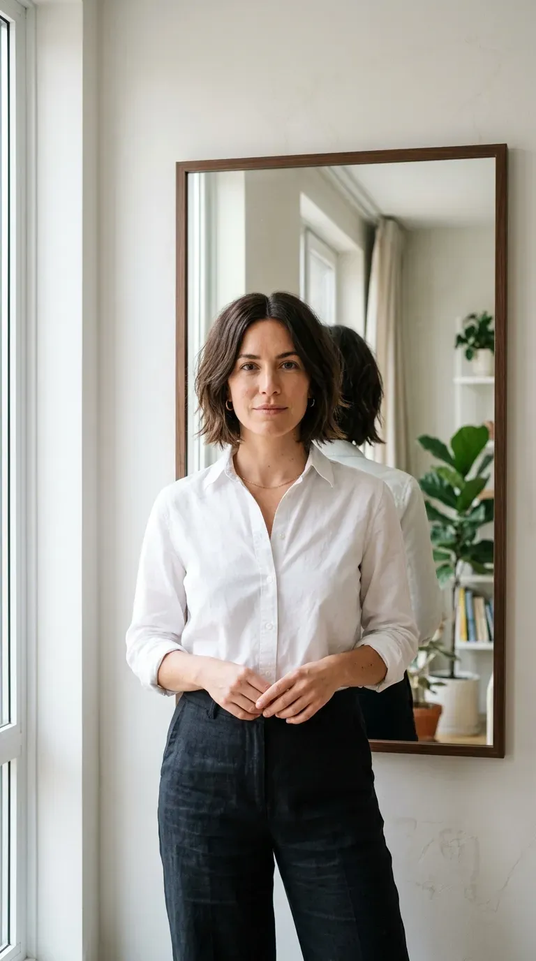 Woman with a choppy layered bob styled with a symmetrical center part