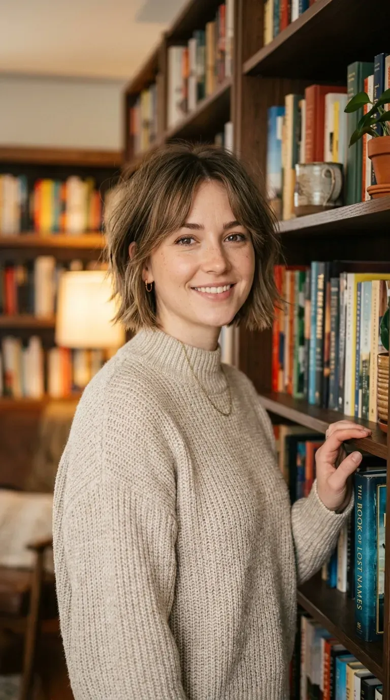 Woman with a choppy layered bob and soft curtain bangs parted at the center