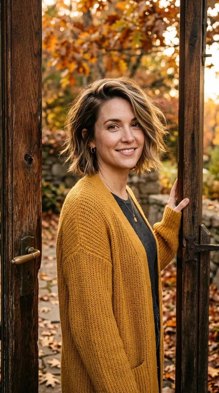 Woman with a choppy layered bob styled with a dramatic deep side part
