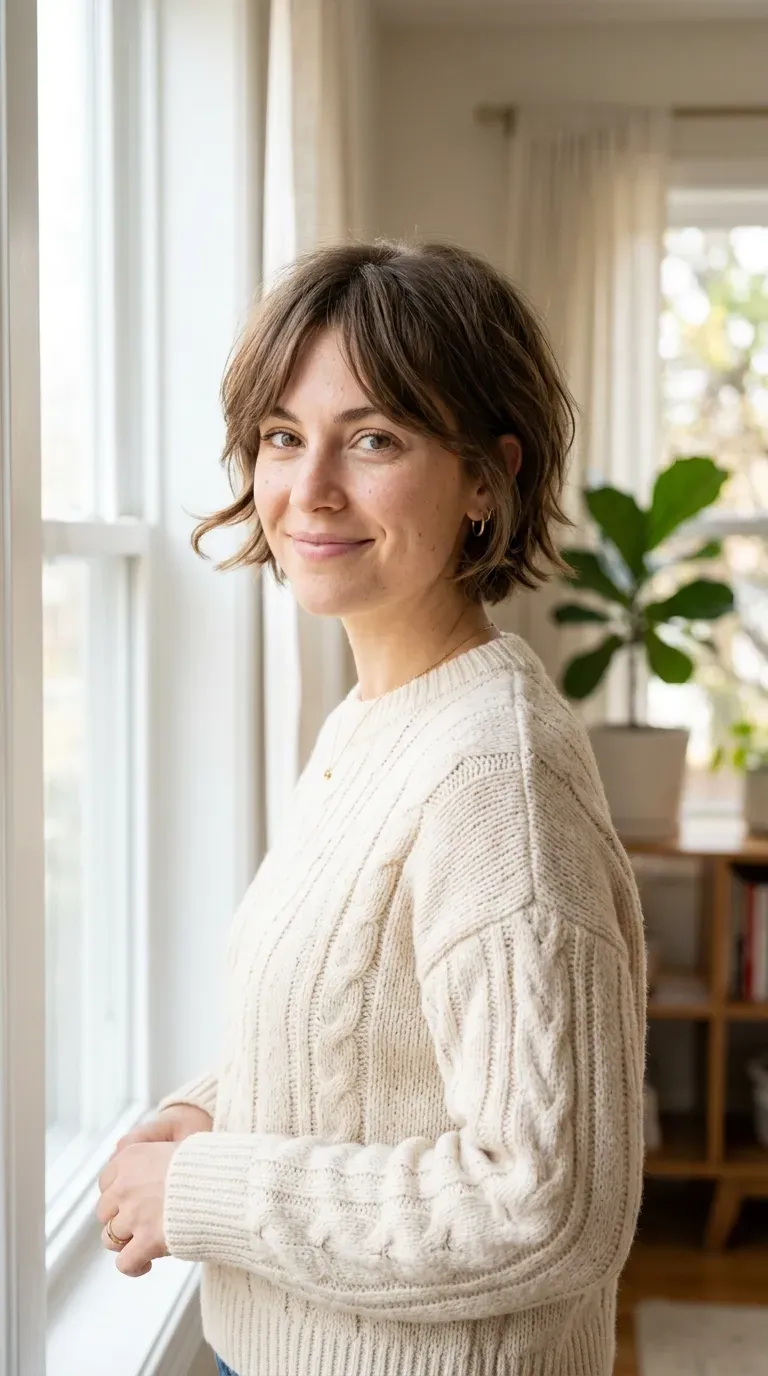 Woman with a choppy layered bob featuring extra-short face-framing layers