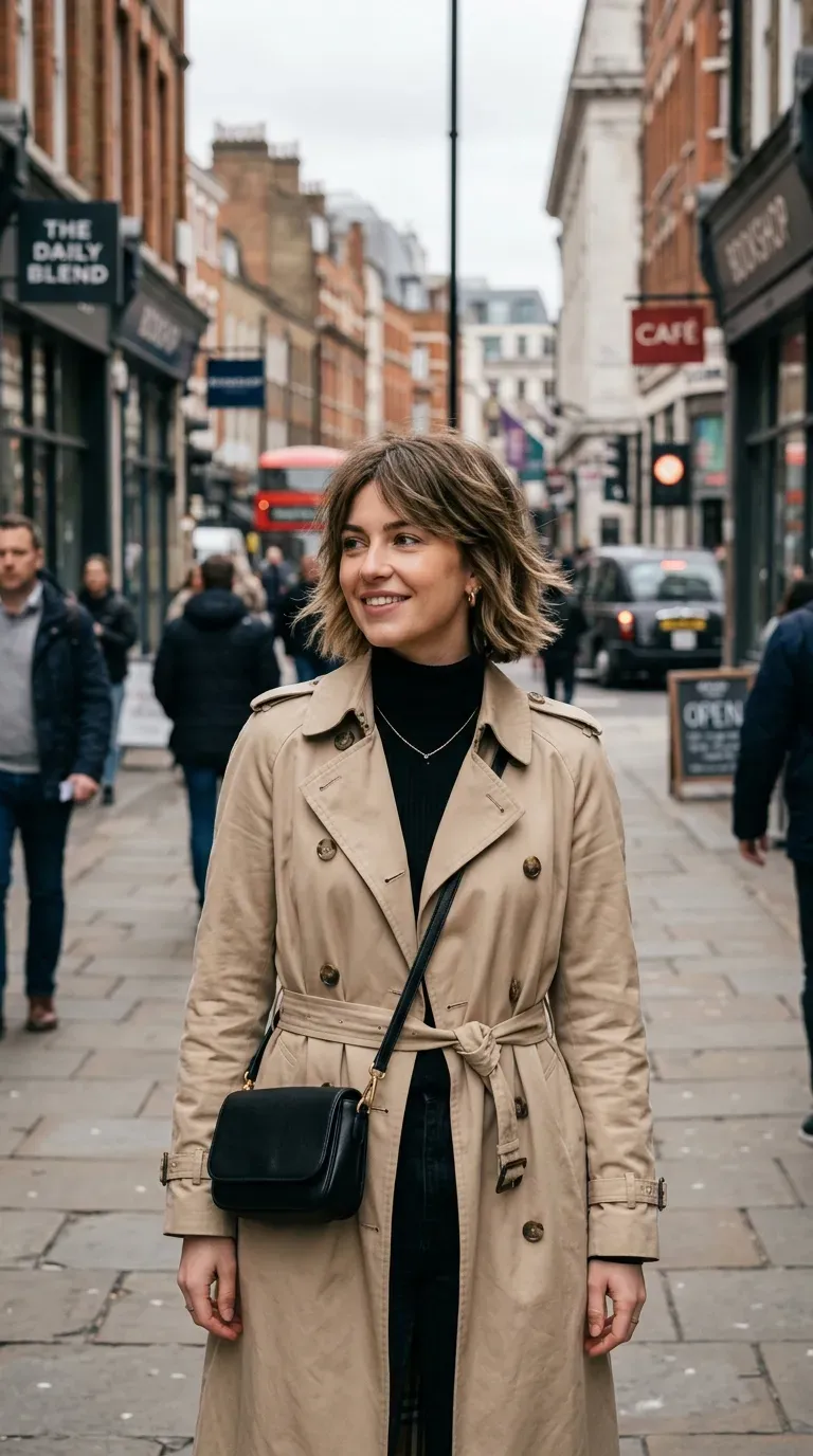 Woman with a choppy layered bob featuring soft feathered layers throughout