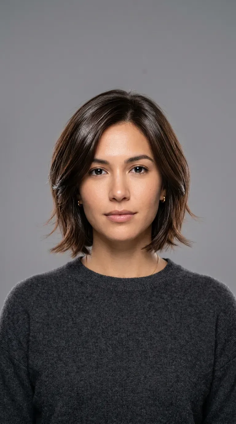 Woman with a choppy layered bob styled with a smooth glossy finish