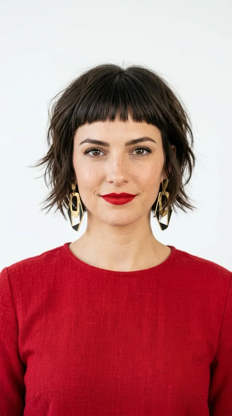Woman with a choppy layered bob and short micro bangs above the eyebrows
