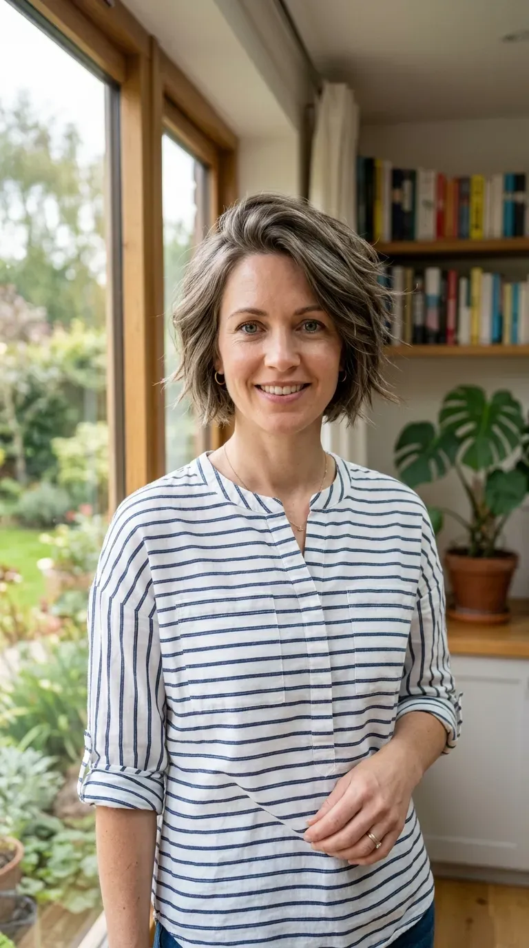 Woman with a choppy layered bob showing visible lift and volume at the roots