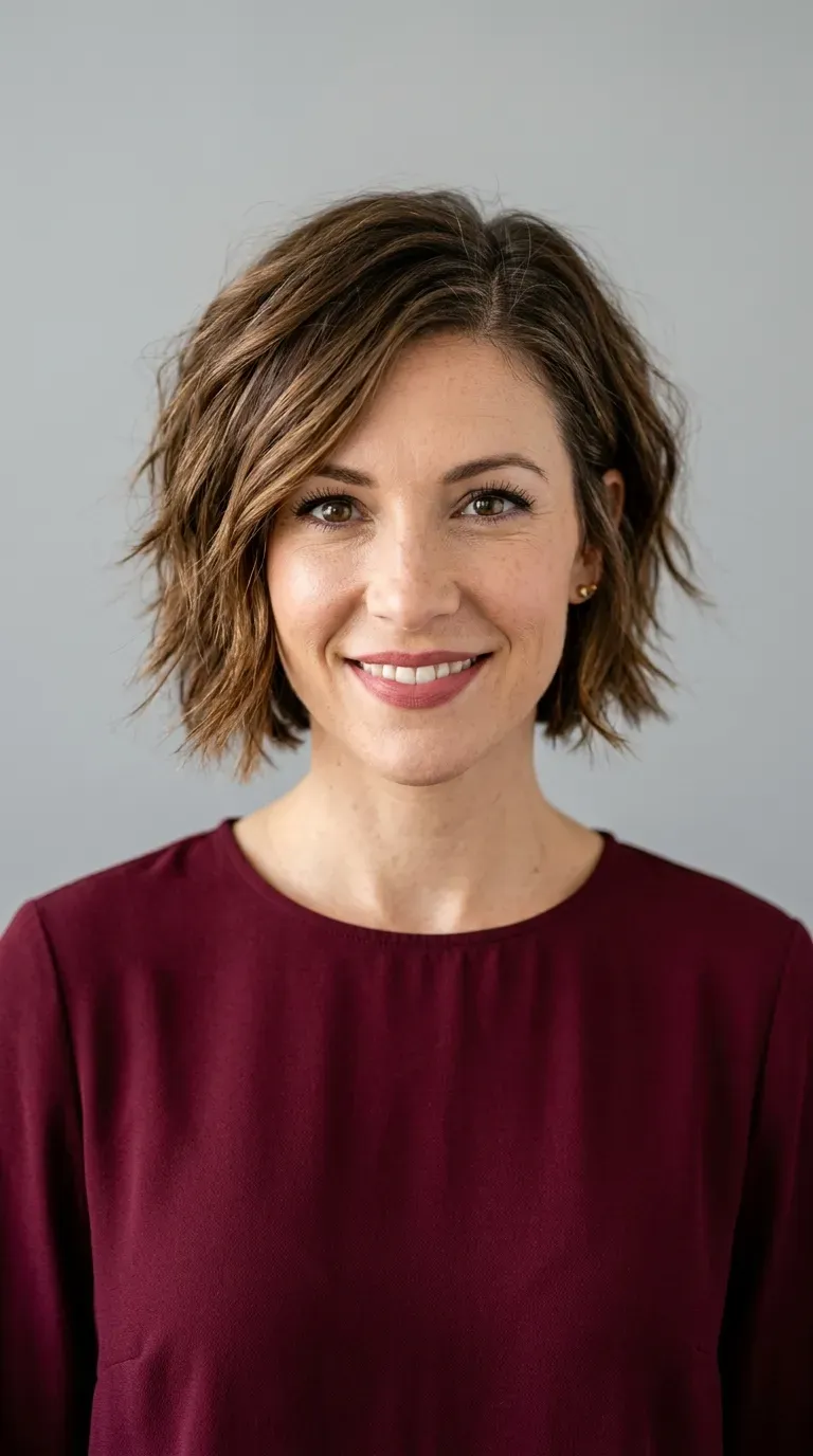 Woman with a choppy layered bob styled with a soft side part