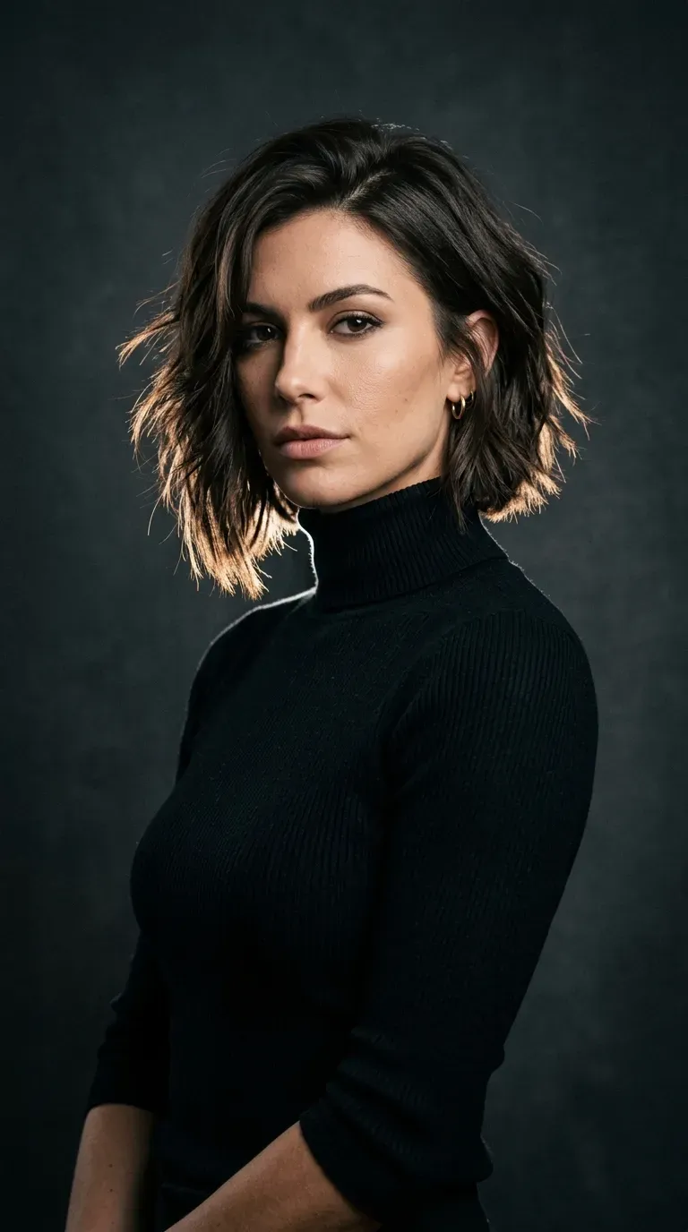 Woman with a choppy layered bob featuring heavily textured layers concentrated at the crown