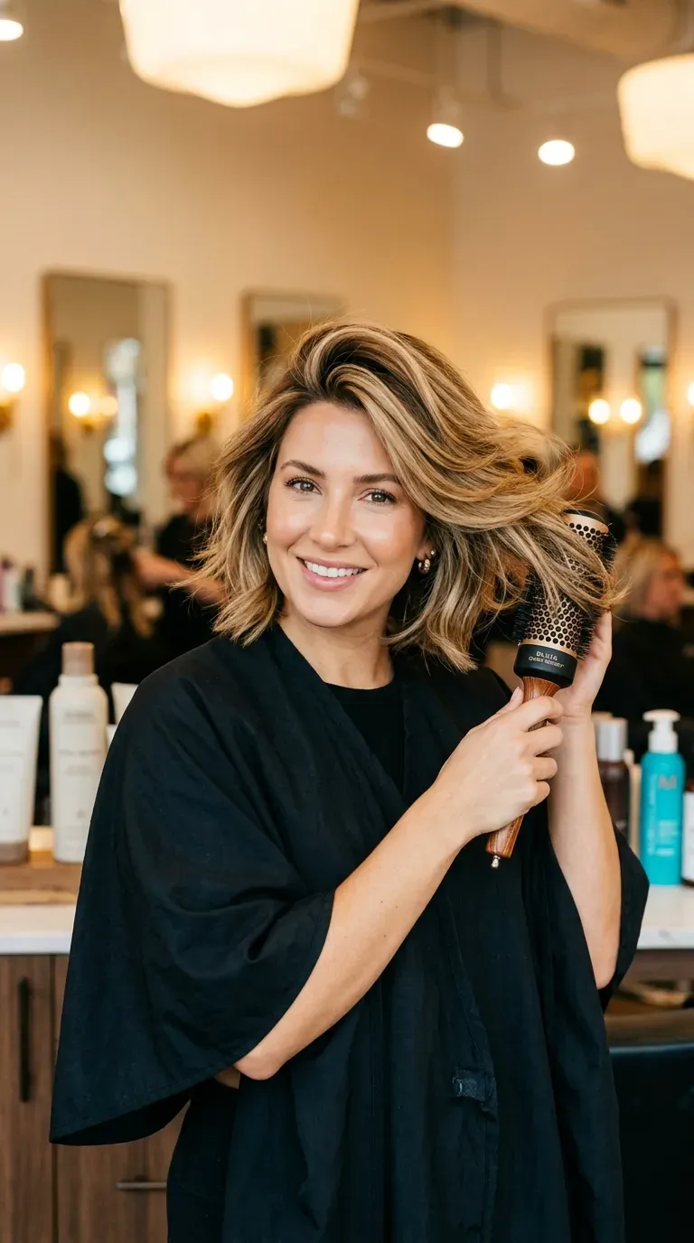 Woman with a choppy layered bob featuring a subtle undercut at the nape