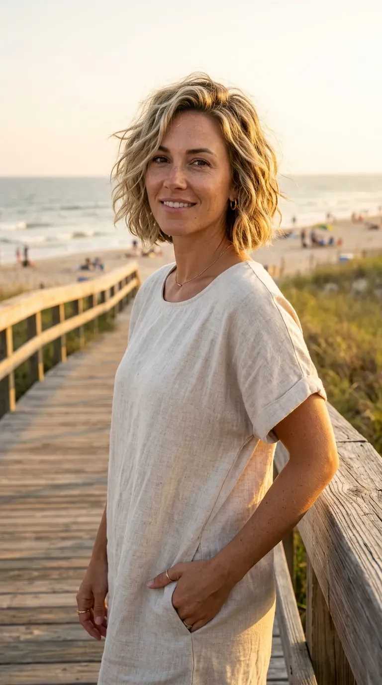 Woman with a choppy layered bob styled into a full voluminous blowout