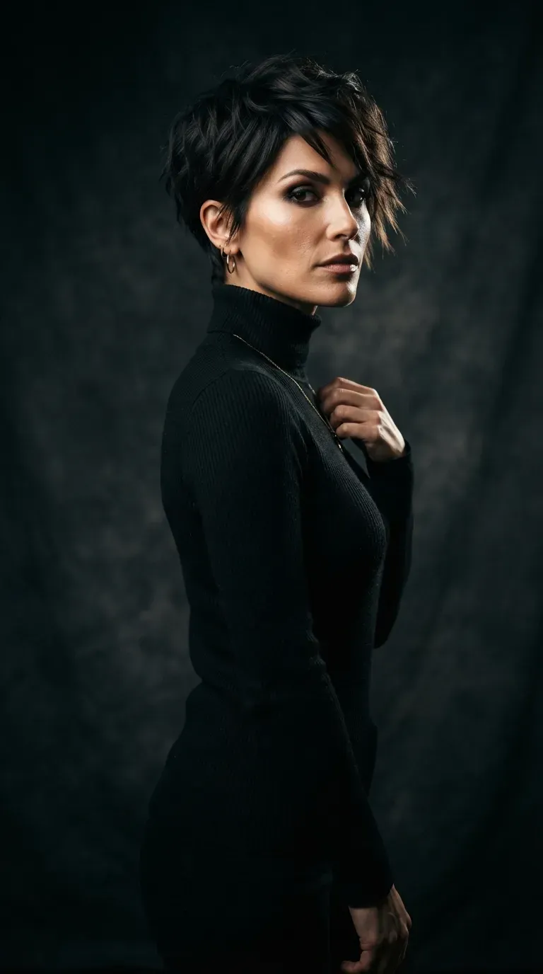 Woman with a choppy pixie featuring subtly asymmetric length between the two sides