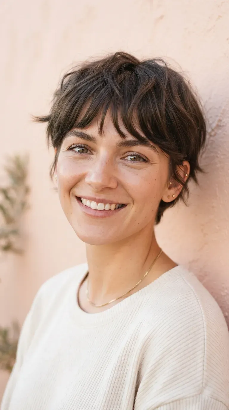 Woman with a choppy pixie cut and soft curtain-style bangs