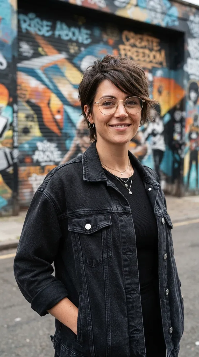 Woman with a choppy pixie cut styled with a deep side part
