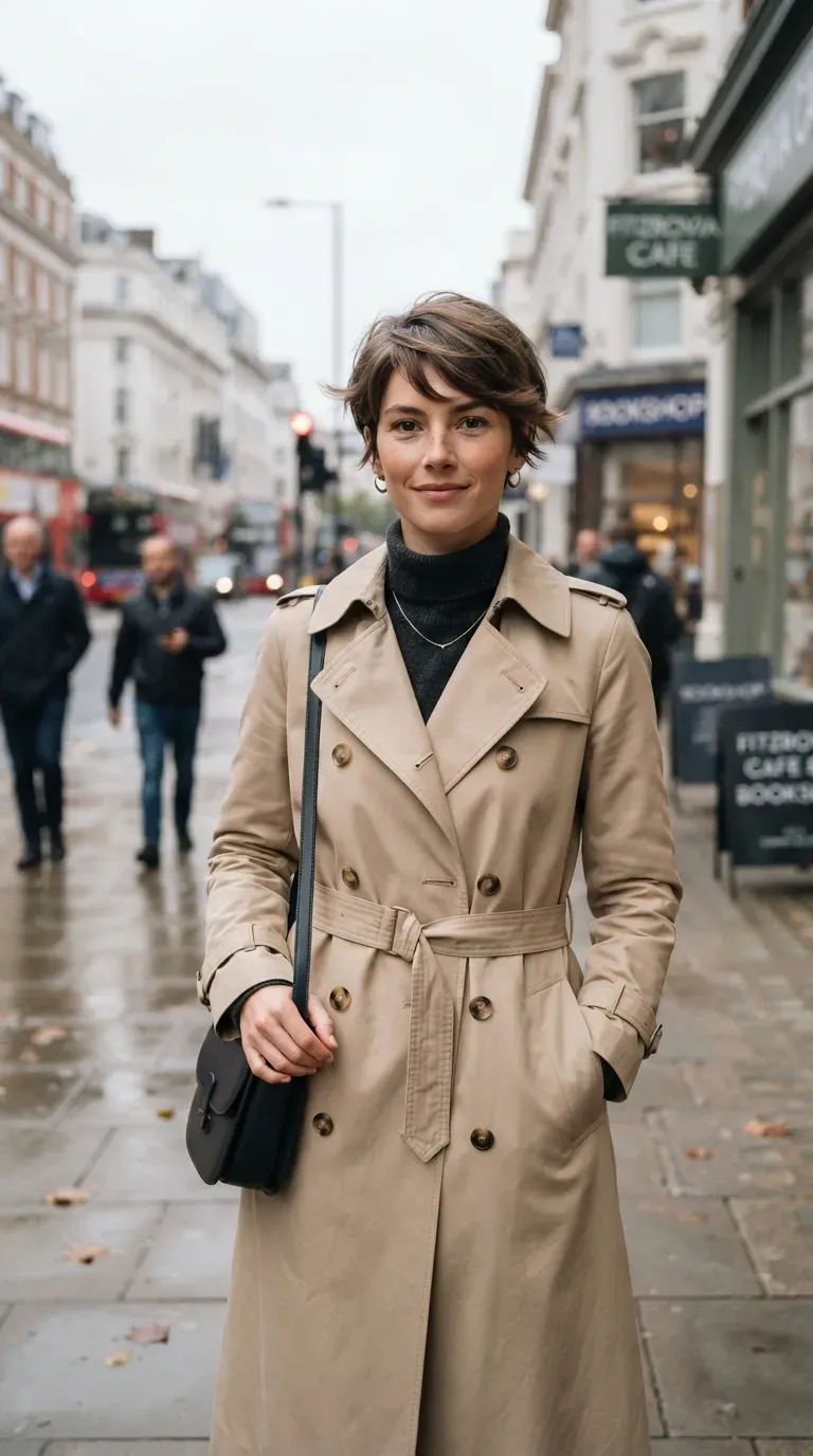 Woman with a choppy pixie featuring soft feathered layers throughout