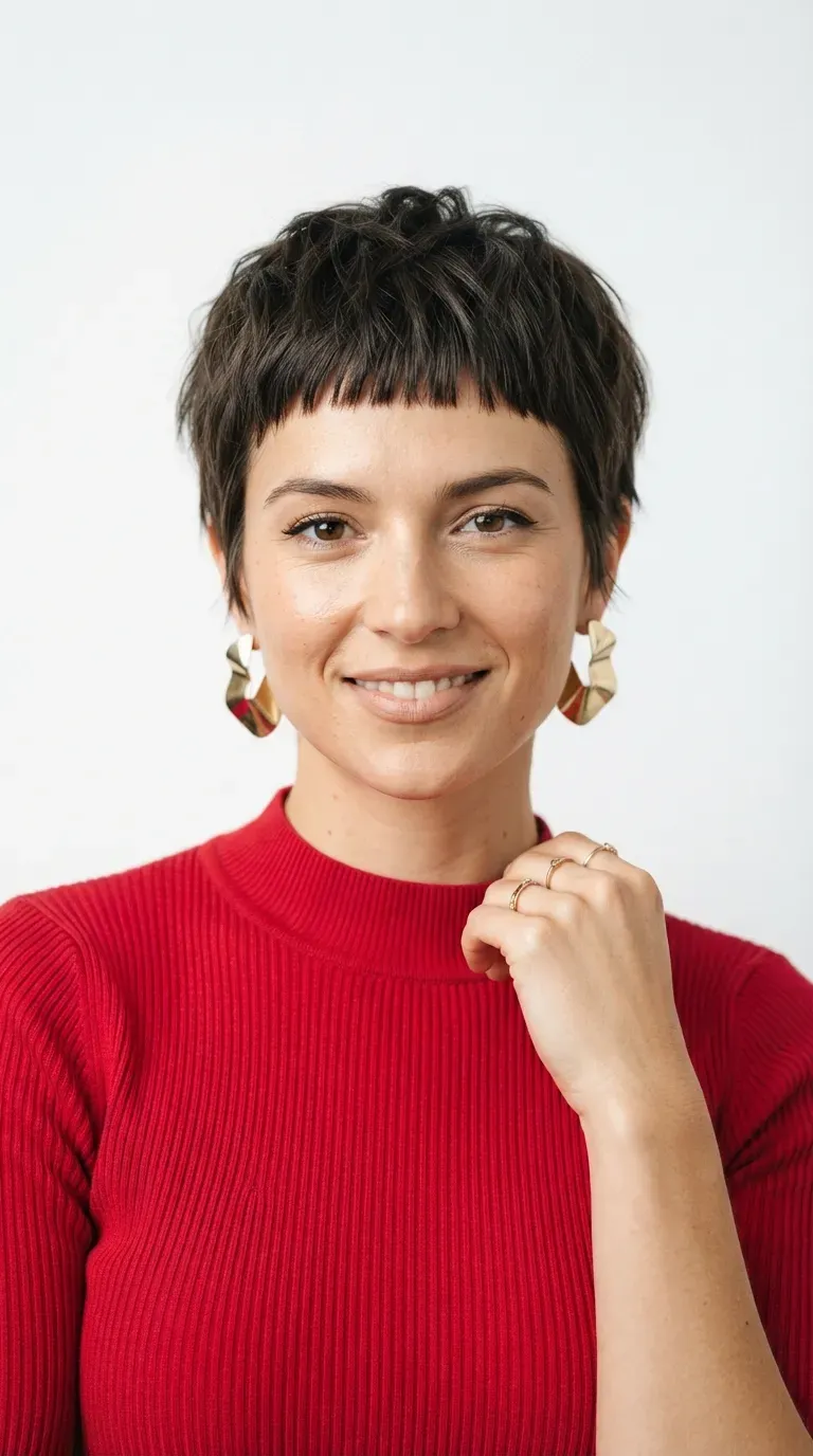 Woman with a choppy pixie and short micro bangs above the eyebrows