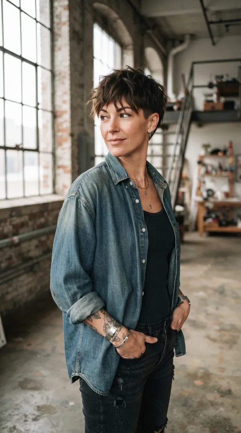 Woman with a choppy pixie cut featuring a subtle undercut at the nape