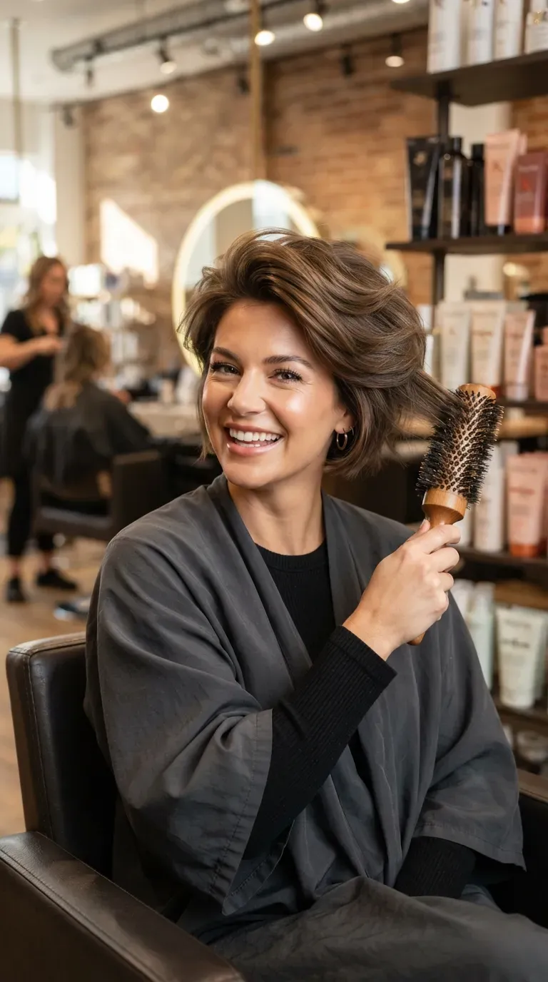 Woman with a choppy pixie styled into a full voluminous blowout