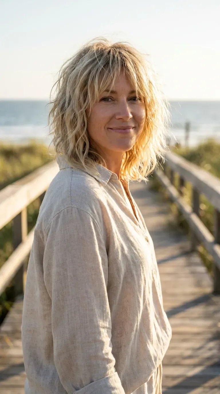 Woman with a choppy shag styled with soft beachy waves