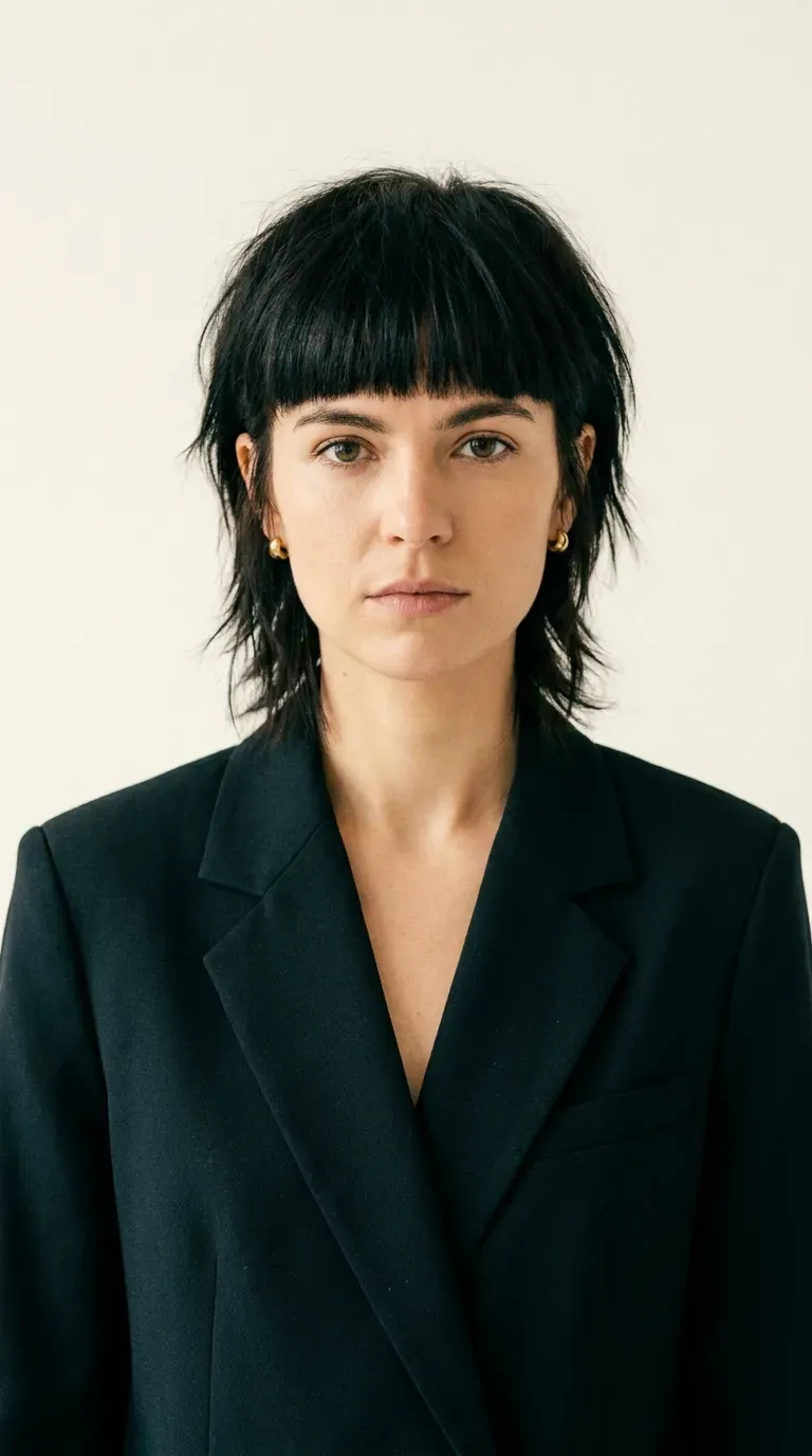 Woman with a choppy shag and a bold blunt eyebrow-skimming fringe