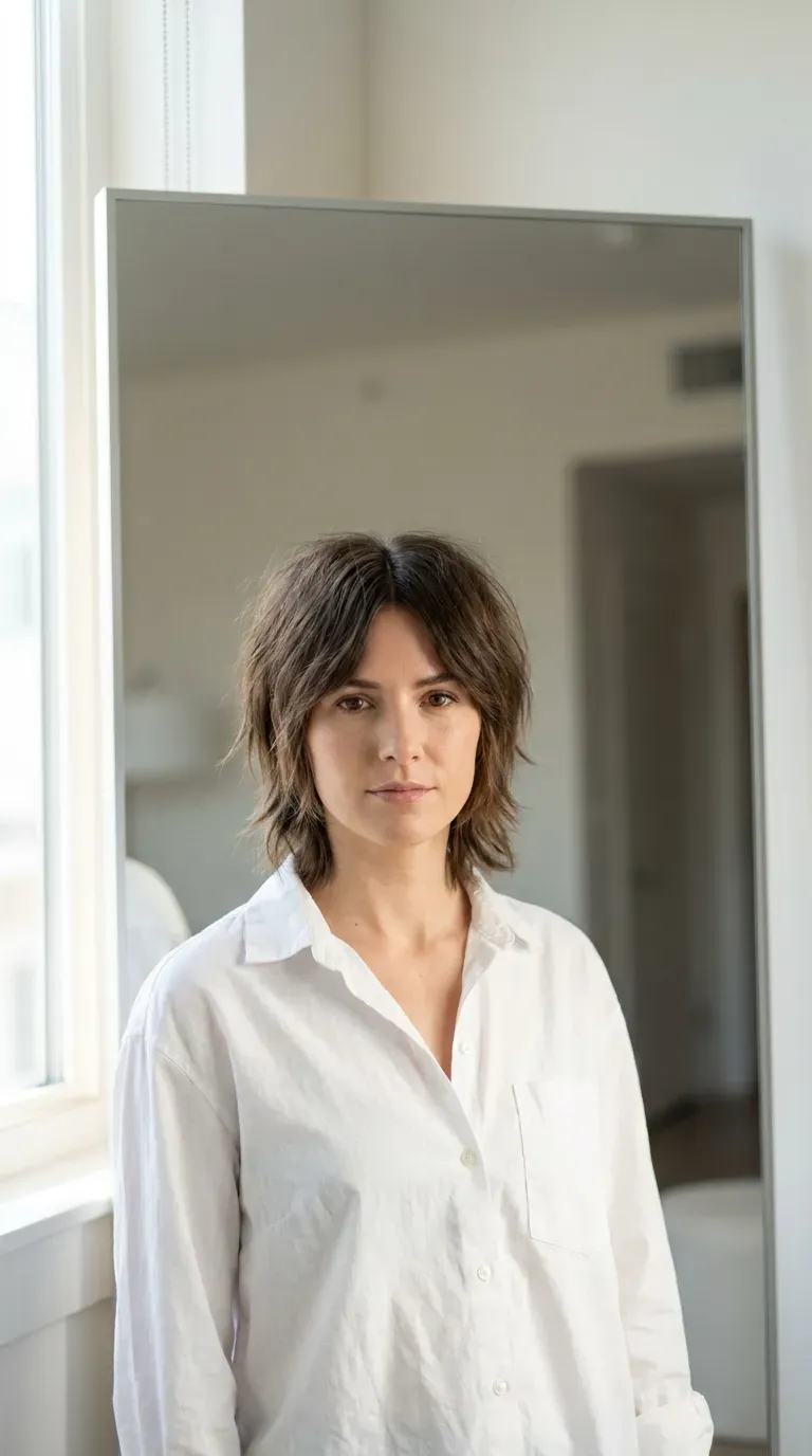 Woman with a choppy shag styled with a symmetrical center part