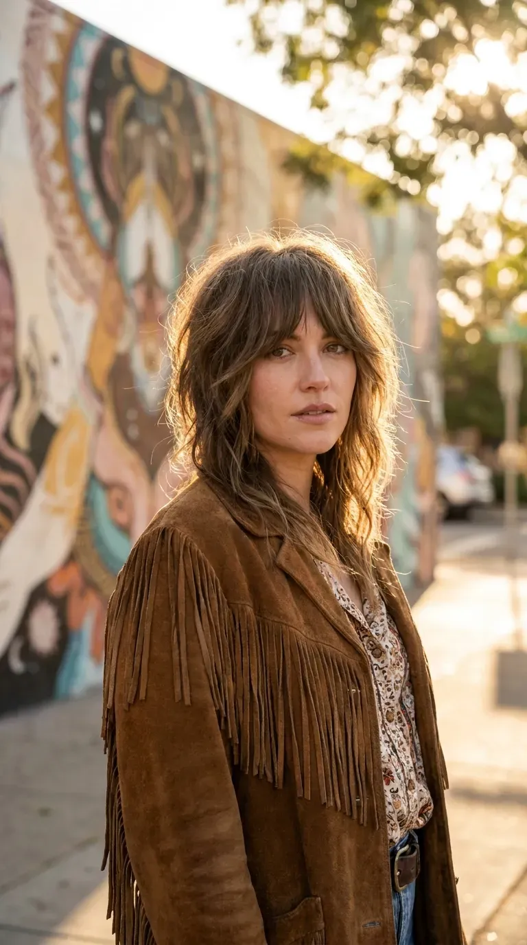 Woman with a choppy shag haircut and soft curtain bangs