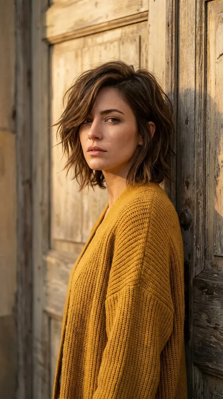 Woman with a choppy shag styled with a dramatic deep side part