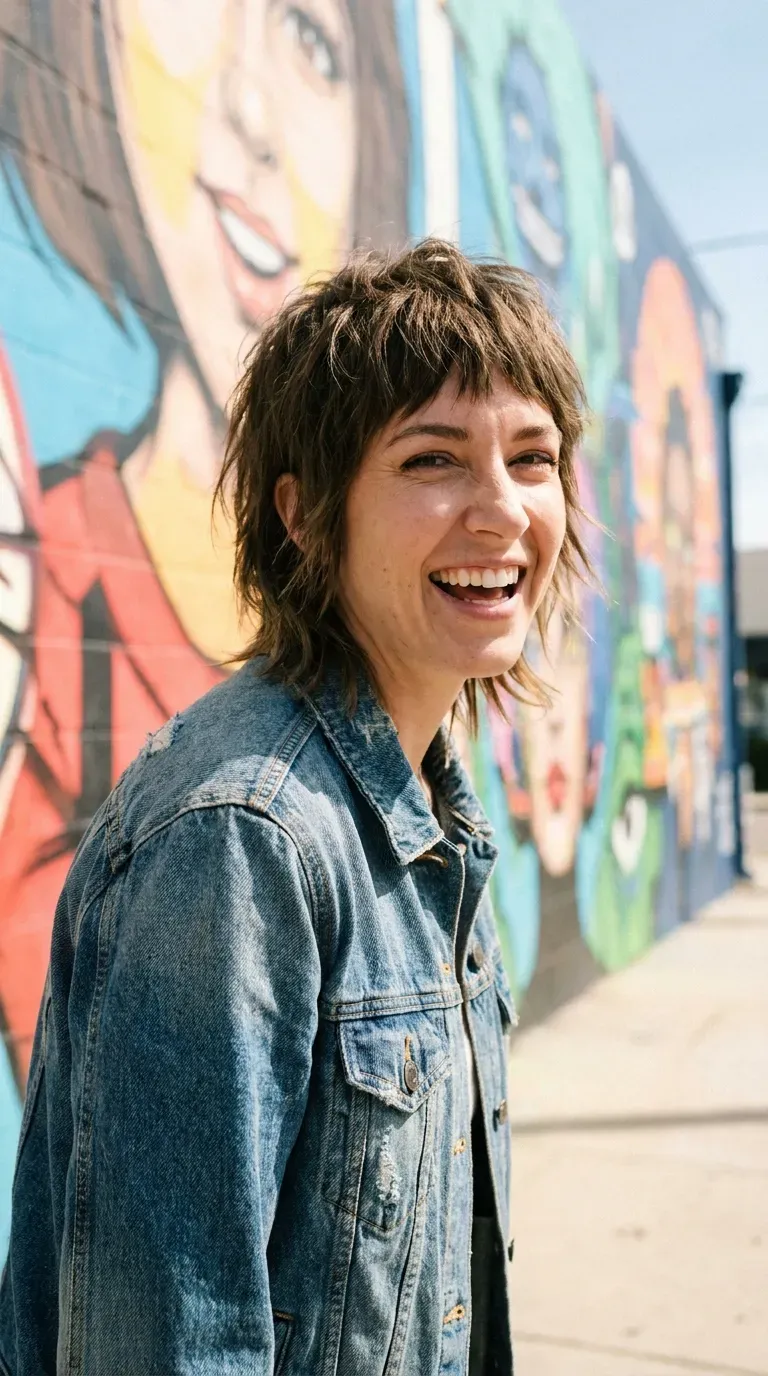 Woman with a short choppy shag haircut featuring layered texture throughout