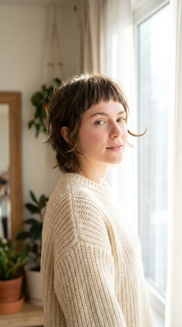 Woman with a choppy shag featuring extra-short face-framing layers